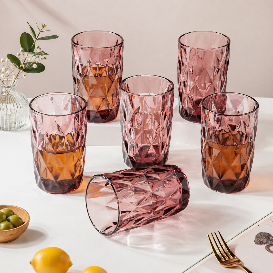 Diamond Cut Embossed Glass Tumbler Set of 6 — 350ml | Crystal Textured Drinking Glasses | Premium Glassware for Water, Juice & Cold Drink