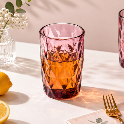 Diamond Cut Embossed Glass Tumbler Set of 6 — 350ml | Crystal Textured Drinking Glasses | Premium Glassware for Water, Juice & Cold Drink