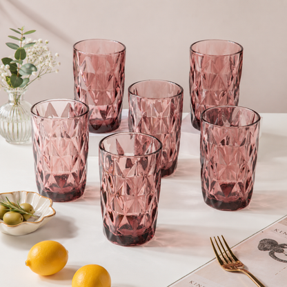 Diamond Cut Embossed Glass Tumbler Set of 6 — 350ml | Crystal Textured Drinking Glasses | Premium Glassware for Water, Juice & Cold Drink
