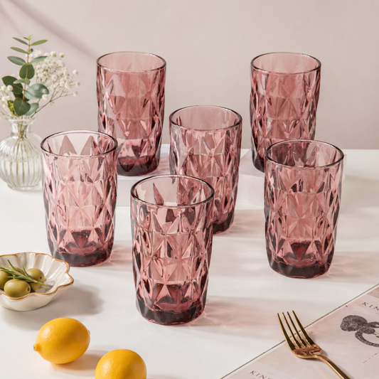Diamond Cut Embossed Glass Tumbler Set of 6 — 350ml | Crystal Textured Drinking Glasses | Premium Glassware for Water, Juice & Cold Drink
