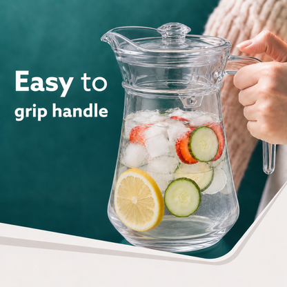 Glass Water Jug with Lid — 1.4 Litre | Crystal-Clear Pitcher with Pour Spout & Easy-Grip Handle | Dining Table Carafe for Water, Juice & Infused Drinks