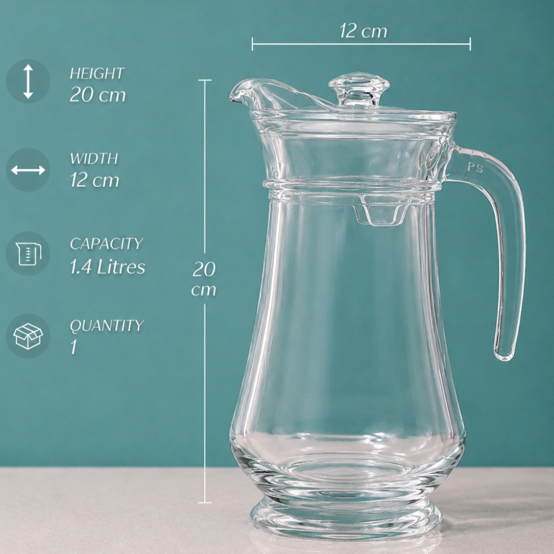 Glass Water Jug with Lid — 1.4 Litre | Crystal-Clear Pitcher with Pour Spout & Easy-Grip Handle | Dining Table Carafe for Water, Juice & Infused Drinks