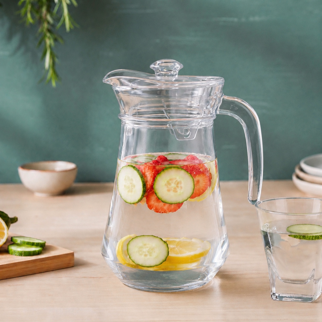 Glass Water Jug with Lid — 1.4 Litre | Crystal-Clear Pitcher with Pour Spout & Easy-Grip Handle | Dining Table Carafe for Water, Juice & Infused Drinks