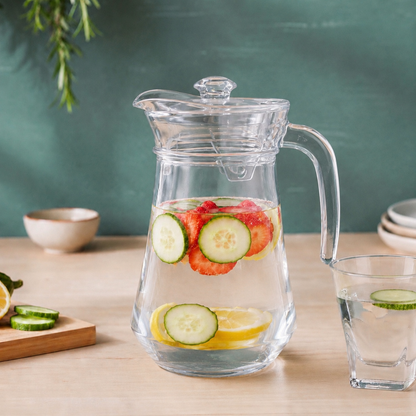 Glass Water Jug with Lid — 1.4 Litre | Crystal-Clear Pitcher with Pour Spout & Easy-Grip Handle | Dining Table Carafe for Water, Juice & Infused Drinks