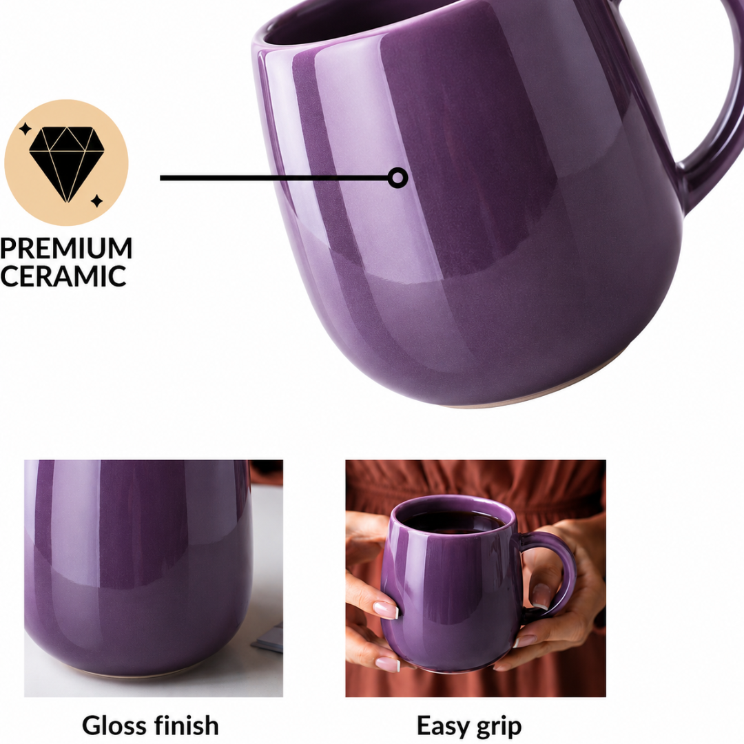 Purple Glossy Ceramic Coffee Mug – Premium Round Belly Mug with Easy-Grip Handle | 325 ml | Lead Free & Food Safe | Microwave & Dishwasher Safe