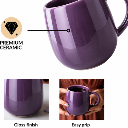 Purple Glossy Ceramic Coffee Mug – Premium Round Belly Mug with Easy-Grip Handle | 325 ml | Lead Free & Food Safe | Microwave & Dishwasher Safe