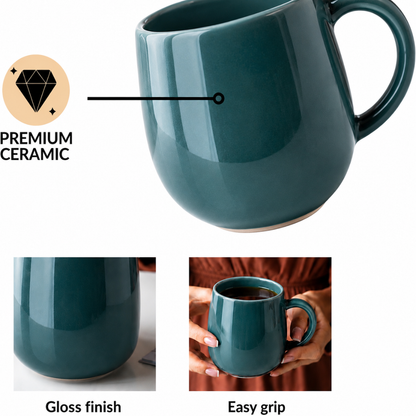 Teal Glossy Ceramic Coffee Mug – Premium Round Belly Mug with Easy-Grip Handle | Lead Free & Food Safe | Microwave & Dishwasher Safe