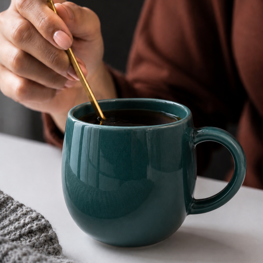Teal Glossy Ceramic Coffee Mug – Premium Round Belly Mug with Easy-Grip Handle | Lead Free & Food Safe | Microwave & Dishwasher Safe
