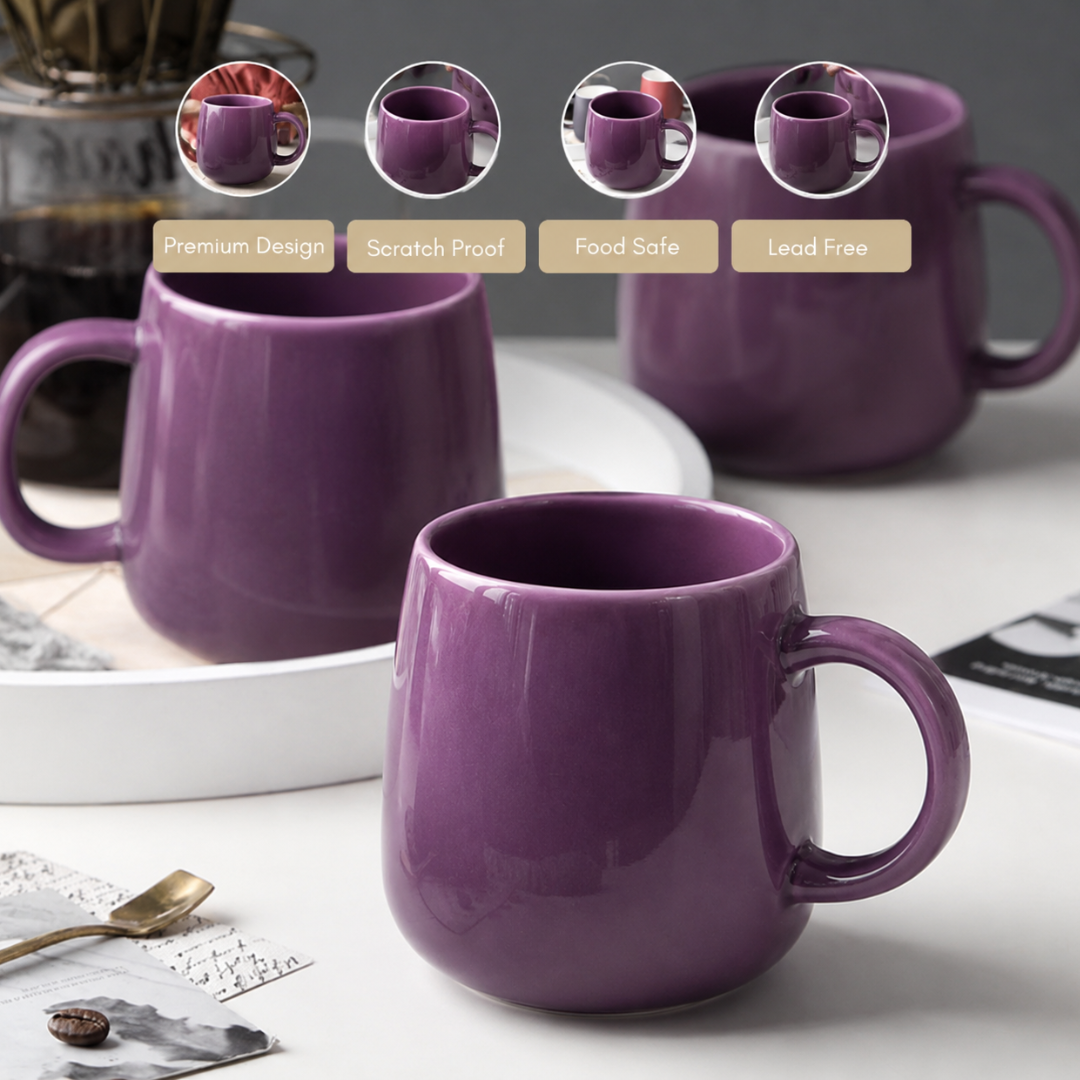 Purple Glossy Ceramic Coffee Mug – Premium Round Belly Mug with Easy-Grip Handle | 325 ml | Lead Free & Food Safe | Microwave & Dishwasher Safe