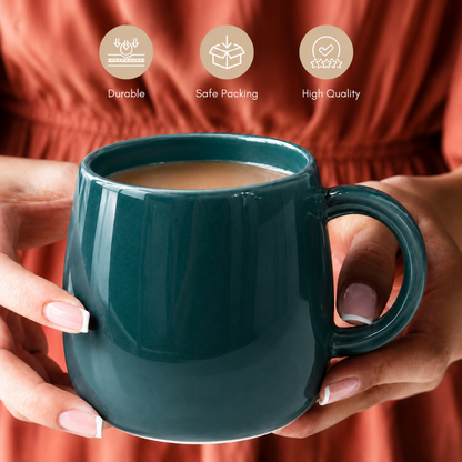 Teal Glossy Ceramic Coffee Mug – Premium Round Belly Mug with Easy-Grip Handle | Lead Free & Food Safe | Microwave & Dishwasher Safe