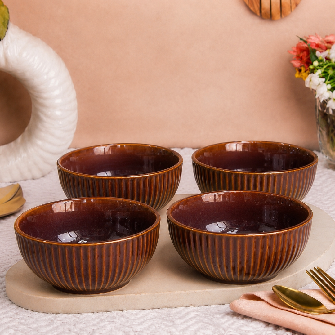 Ribbed Ceramic Bowls Set – Glossy Amber Brown Stoneware | 500 ml Serving Bowls | Microwave & Dishwasher Safe | Food Safe