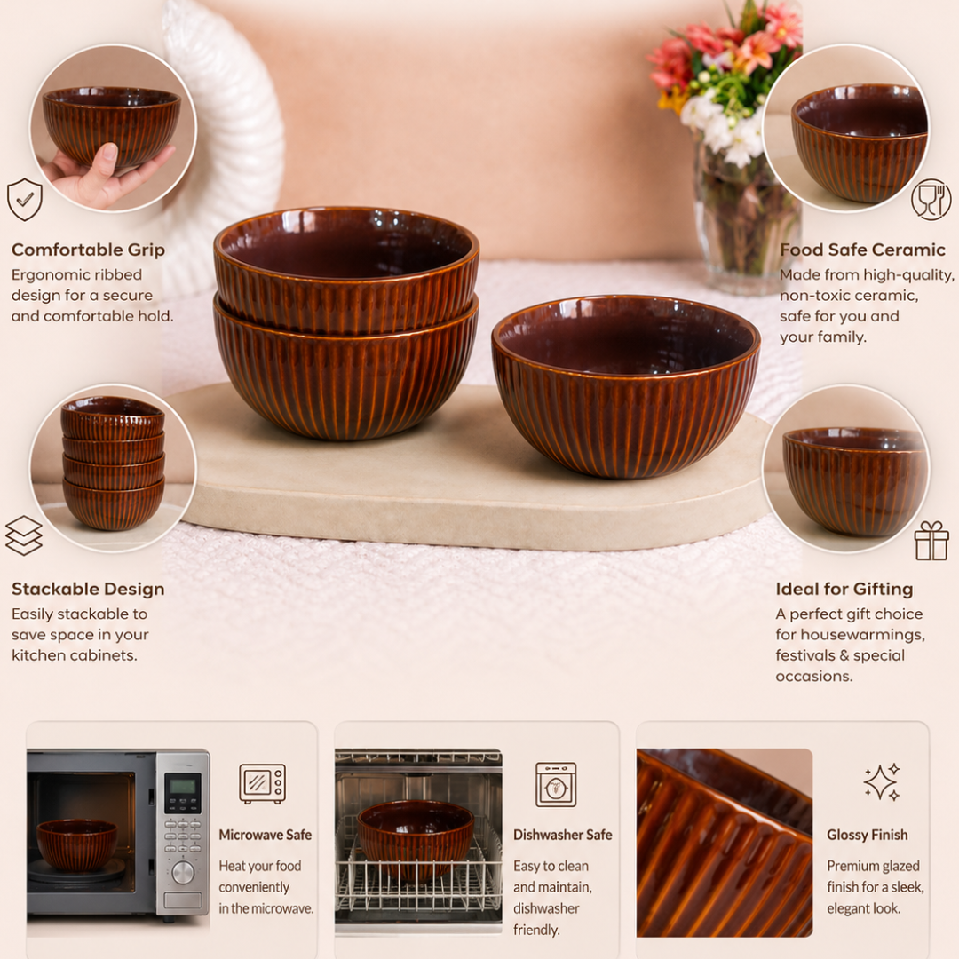 Ribbed Ceramic Bowls Set – Glossy Amber Brown Stoneware | 500 ml Serving Bowls | Microwave & Dishwasher Safe | Food Safe