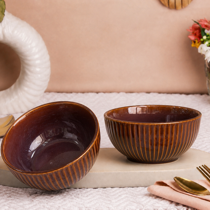 Ribbed Ceramic Bowls Set – Glossy Amber Brown Stoneware | 500 ml Serving Bowls | Microwave & Dishwasher Safe | Food Safe
