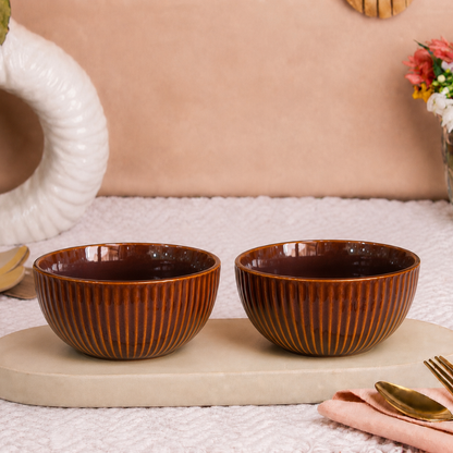 Ribbed Ceramic Bowls Set – Glossy Amber Brown Stoneware | 500 ml Serving Bowls | Microwave & Dishwasher Safe | Food Safe