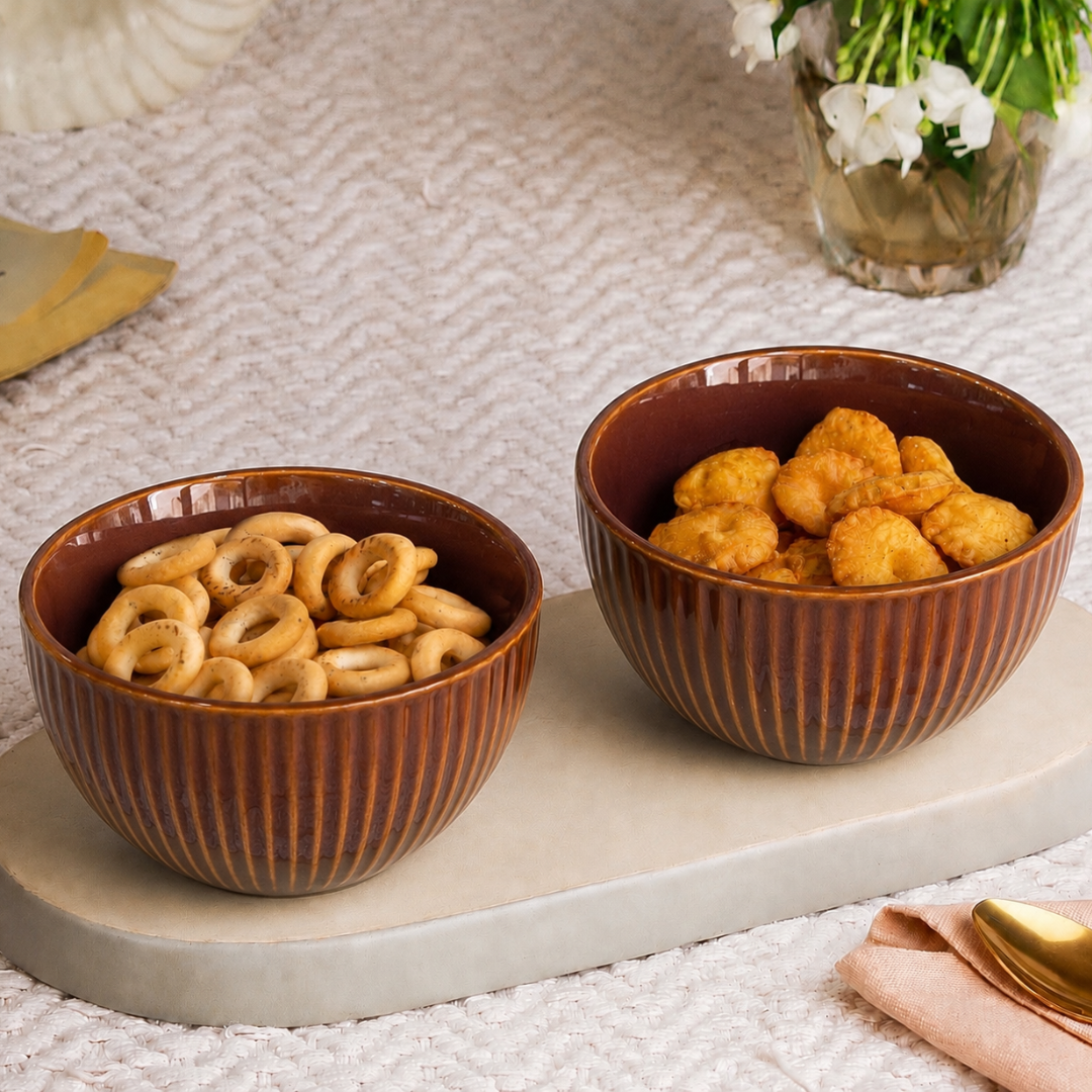 Ribbed Ceramic Bowls Set – Glossy Amber Brown Stoneware | 500 ml Serving Bowls | Microwave & Dishwasher Safe | Food Safe