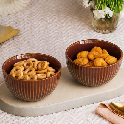 Ribbed Ceramic Bowls Set – Glossy Amber Brown Stoneware | 500 ml Serving Bowls | Microwave & Dishwasher Safe | Food Safe