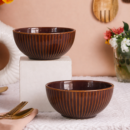 Ribbed Ceramic Bowls Set – Glossy Amber Brown Stoneware | 500 ml Serving Bowls | Microwave & Dishwasher Safe | Food Safe