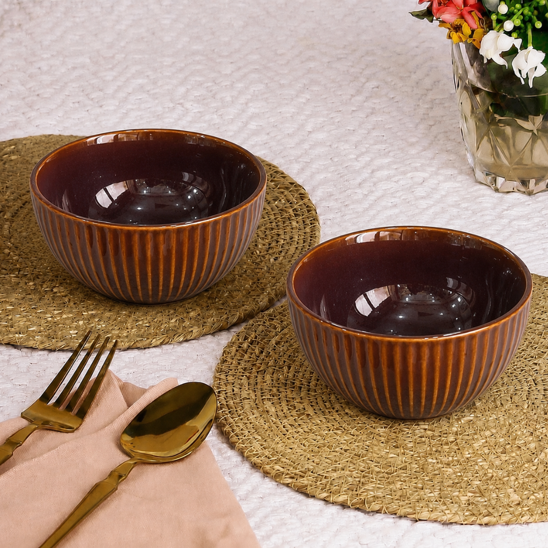 Ribbed Ceramic Bowls Set – Glossy Amber Brown Stoneware | 500 ml Serving Bowls | Microwave & Dishwasher Safe | Food Safe