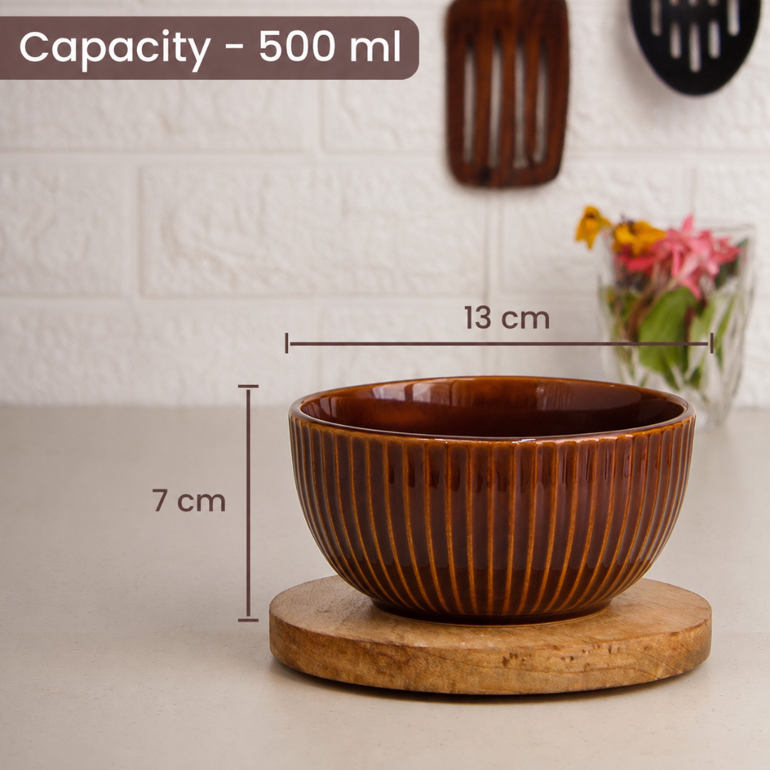 Ribbed Ceramic Bowls Set – Glossy Amber Brown Stoneware | 500 ml Serving Bowls | Microwave & Dishwasher Safe | Food Safe