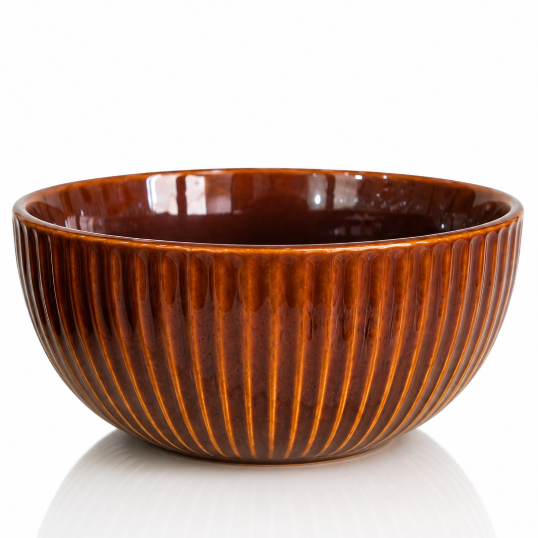 Ribbed Ceramic Bowls Set – Glossy Amber Brown Stoneware | 500 ml Serving Bowls | Microwave & Dishwasher Safe | Food Safe