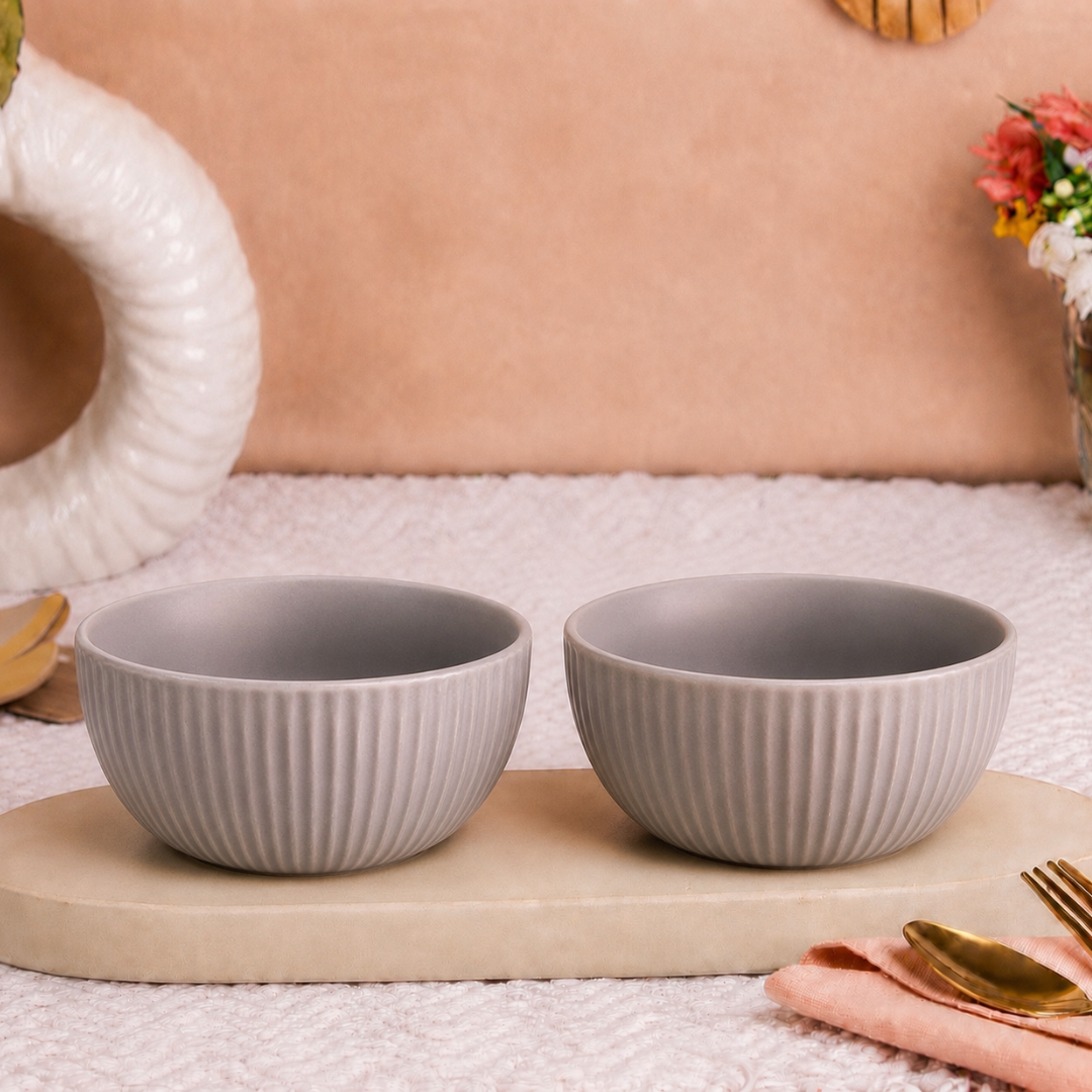 Ribbed Ceramic Bowls Set – Matte Grey Stoneware | 500 ml Serving Bowls | Microwave & Dishwasher Safe | Food Safe
