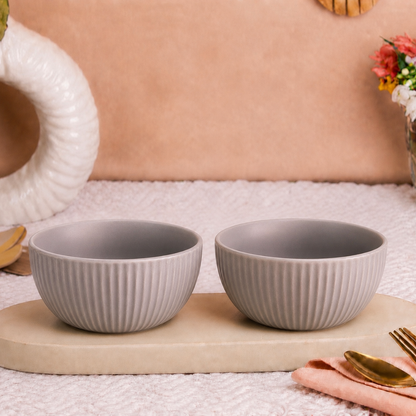 Ribbed Ceramic Bowls Set – Matte Grey Stoneware | 500 ml Serving Bowls | Microwave & Dishwasher Safe | Food Safe