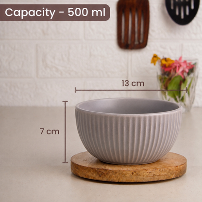 Ribbed Ceramic Bowls Set – Matte Grey Stoneware | 500 ml Serving Bowls | Microwave & Dishwasher Safe | Food Safe