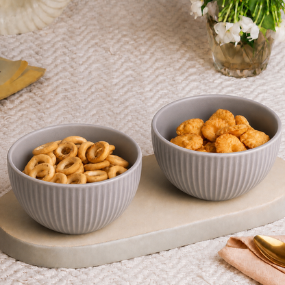 Ribbed Ceramic Bowls Set – Matte Grey Stoneware | 500 ml Serving Bowls | Microwave & Dishwasher Safe | Food Safe