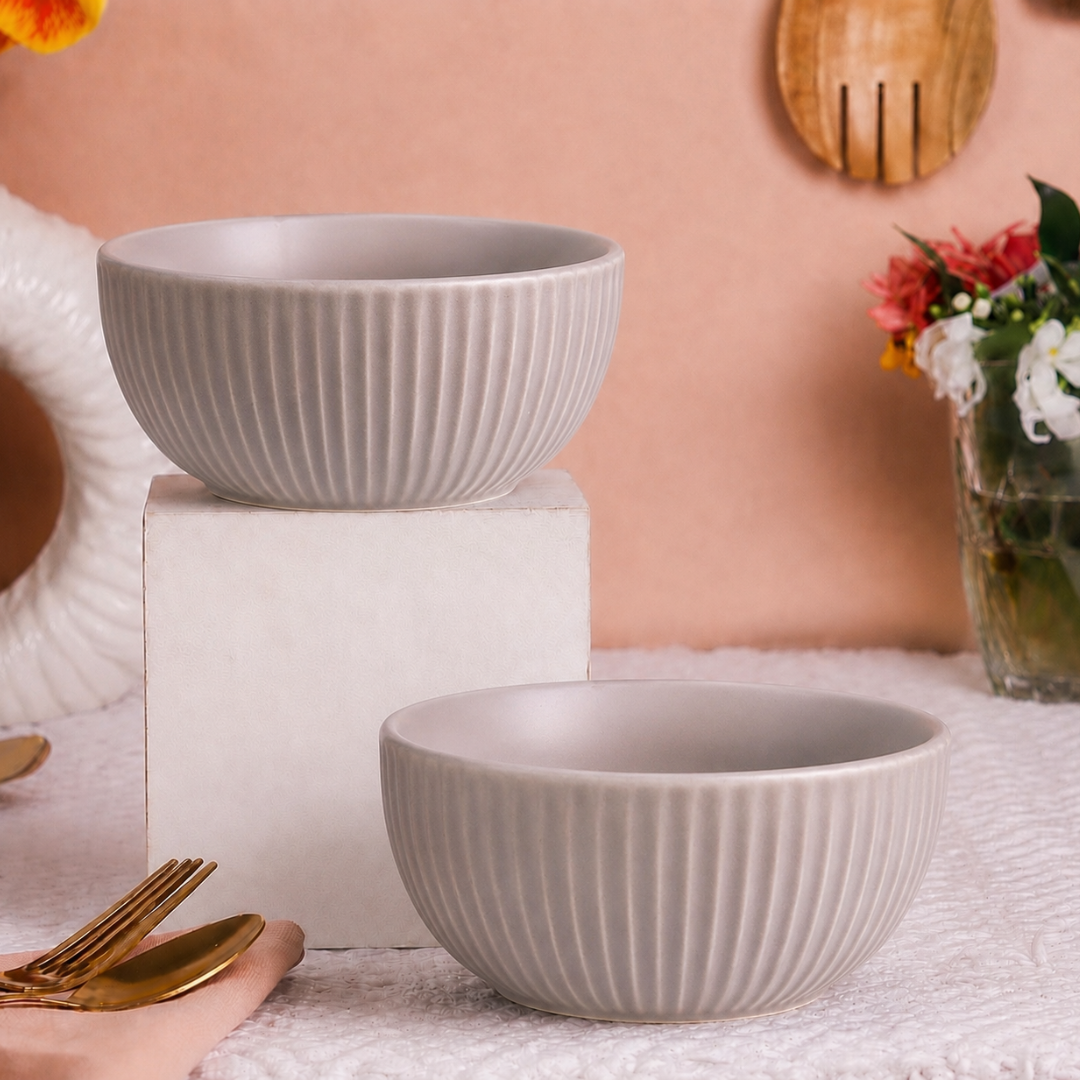 Ribbed Ceramic Bowls Set – Matte Grey Stoneware | 500 ml Serving Bowls | Microwave & Dishwasher Safe | Food Safe