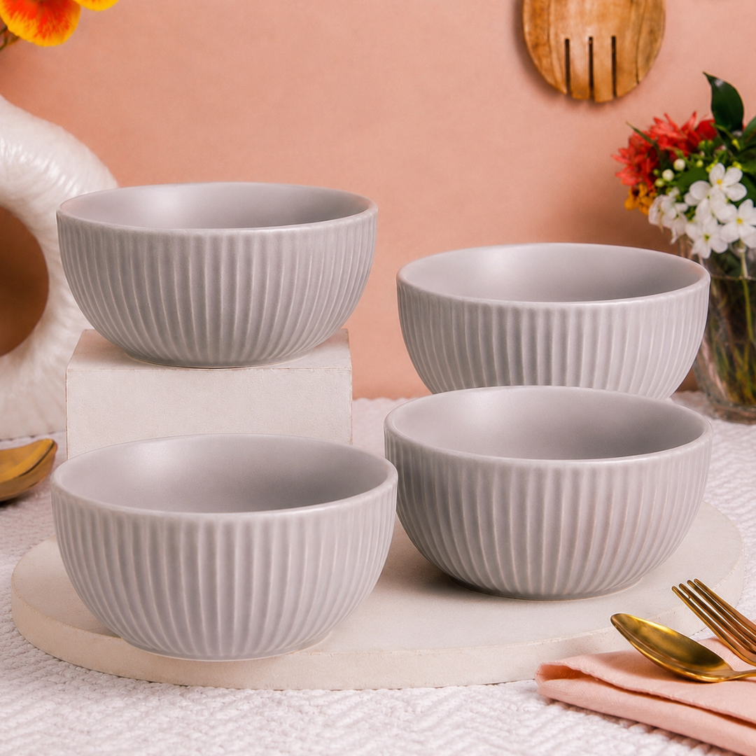 Ribbed Ceramic Bowls Set – Matte Grey Stoneware | 500 ml Serving Bowls | Microwave & Dishwasher Safe | Food Safe