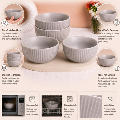 Ribbed Ceramic Bowls Set – Matte Grey Stoneware | 500 ml Serving Bowls | Microwave & Dishwasher Safe | Food Safe