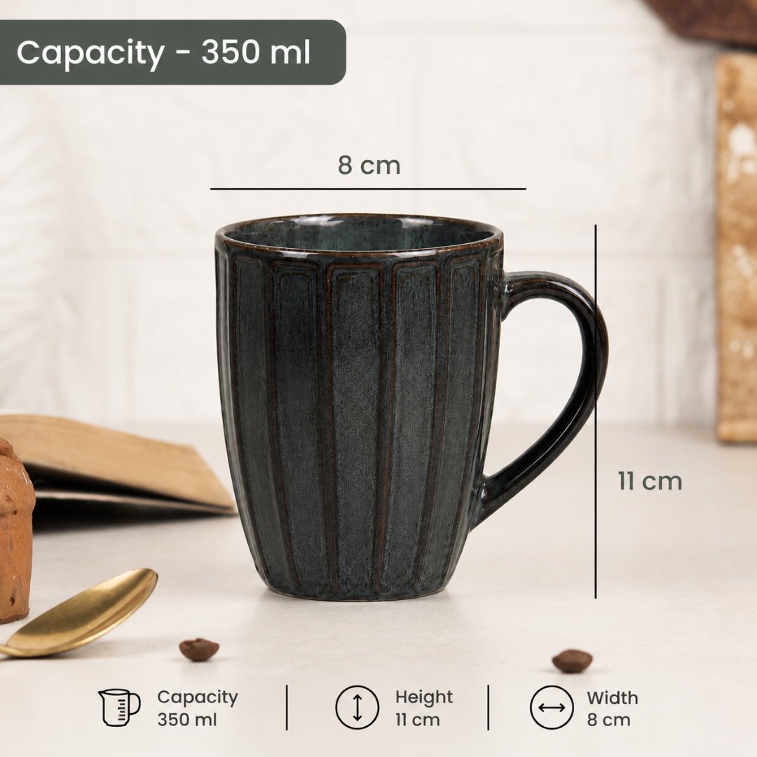 Long Ribbed Ceramic Coffee Mug – Charcoal Reactive Glaze | 350 ml Tall Stoneware Mugs with Handle | Lead & Cadmium Free