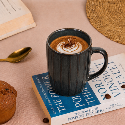 Long Ribbed Ceramic Coffee Mug – Charcoal Reactive Glaze | 350 ml Tall Stoneware Mugs with Handle | Lead & Cadmium Free