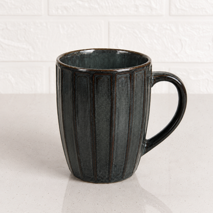 Long Ribbed Ceramic Coffee Mug – Charcoal Reactive Glaze | 350 ml Tall Stoneware Mugs with Handle | Lead & Cadmium Free