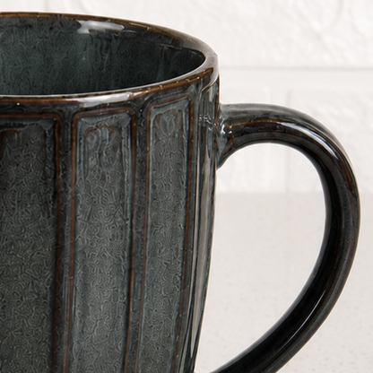 Long Ribbed Ceramic Coffee Mug – Charcoal Reactive Glaze | 350 ml Tall Stoneware Mugs with Handle | Lead & Cadmium Free