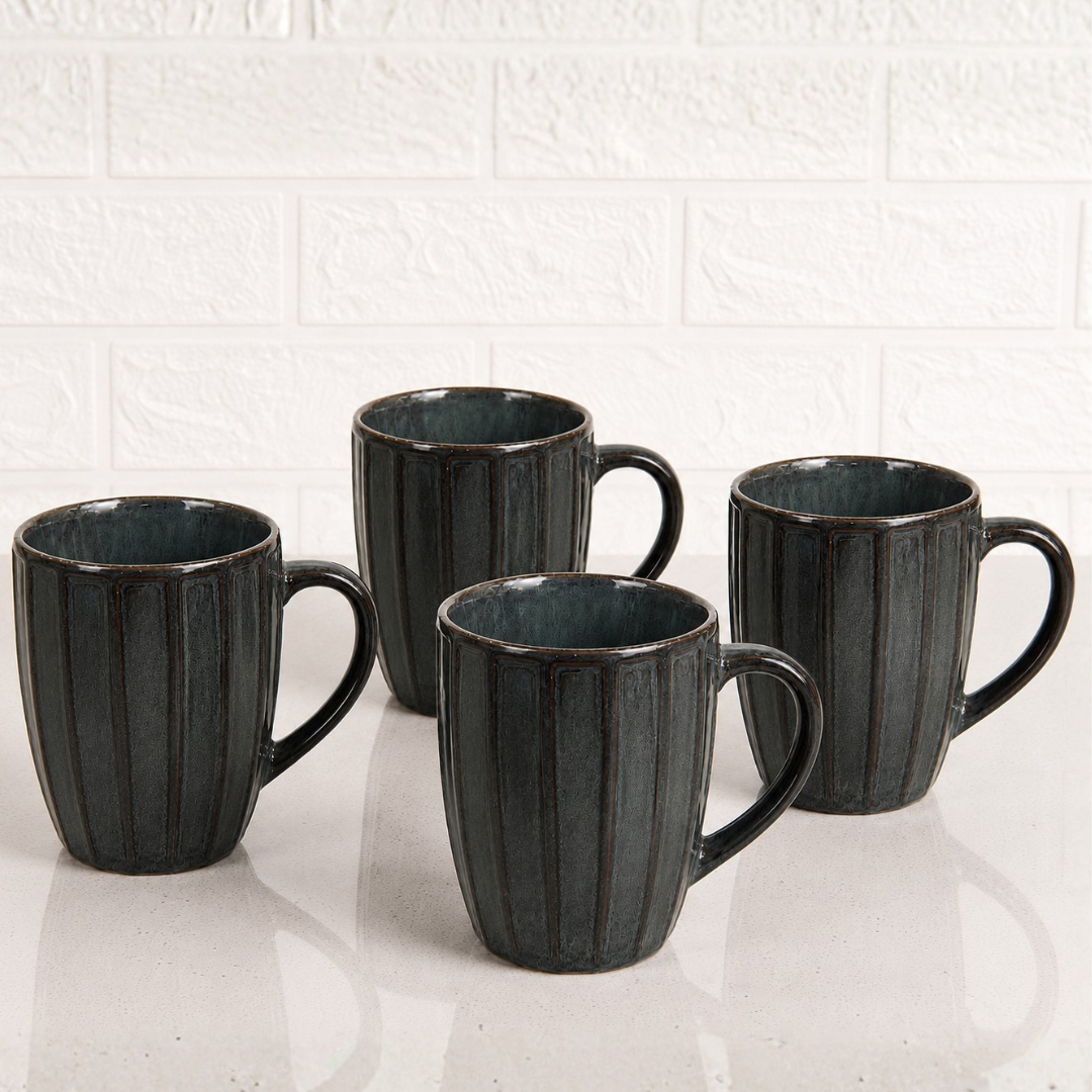 Long Ribbed Ceramic Coffee Mug – Charcoal Reactive Glaze | 350 ml Tall Stoneware Mugs with Handle | Lead & Cadmium Free