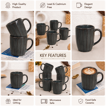 Long Ribbed Ceramic Coffee Mug – Charcoal Reactive Glaze | 350 ml Tall Stoneware Mugs with Handle | Lead & Cadmium Free
