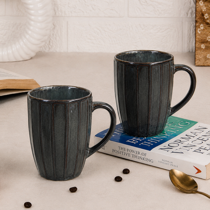 Long Ribbed Ceramic Coffee Mug – Charcoal Reactive Glaze | 350 ml Tall Stoneware Mugs with Handle | Lead & Cadmium Free