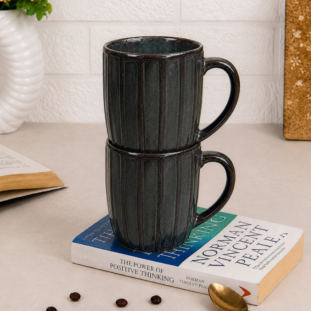 Long Ribbed Ceramic Coffee Mug – Charcoal Reactive Glaze | 350 ml Tall Stoneware Mugs with Handle | Lead & Cadmium Free