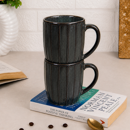 Long Ribbed Ceramic Coffee Mug – Charcoal Reactive Glaze | 350 ml Tall Stoneware Mugs with Handle | Lead & Cadmium Free