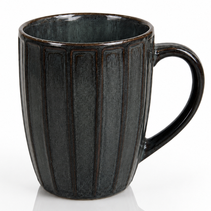Long Ribbed Ceramic Coffee Mug – Charcoal Reactive Glaze | 350 ml Tall Stoneware Mugs with Handle | Lead & Cadmium Free