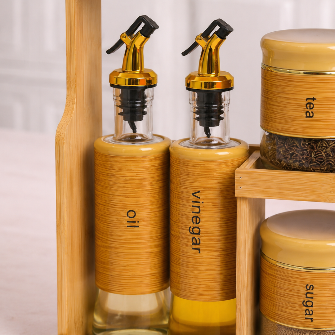 Bamboo Wood Spice Rack Organizer Set with 12 Glass Jars & Oil Dispenser Bottles | Airtight Kitchen Storage Containers for Spices, Tea, Salt, Sugar & Coffee