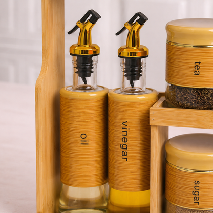 Bamboo Wood Spice Rack Organizer Set with 12 Glass Jars & Oil Dispenser Bottles | Airtight Kitchen Storage Containers for Spices, Tea, Salt, Sugar & Coffee