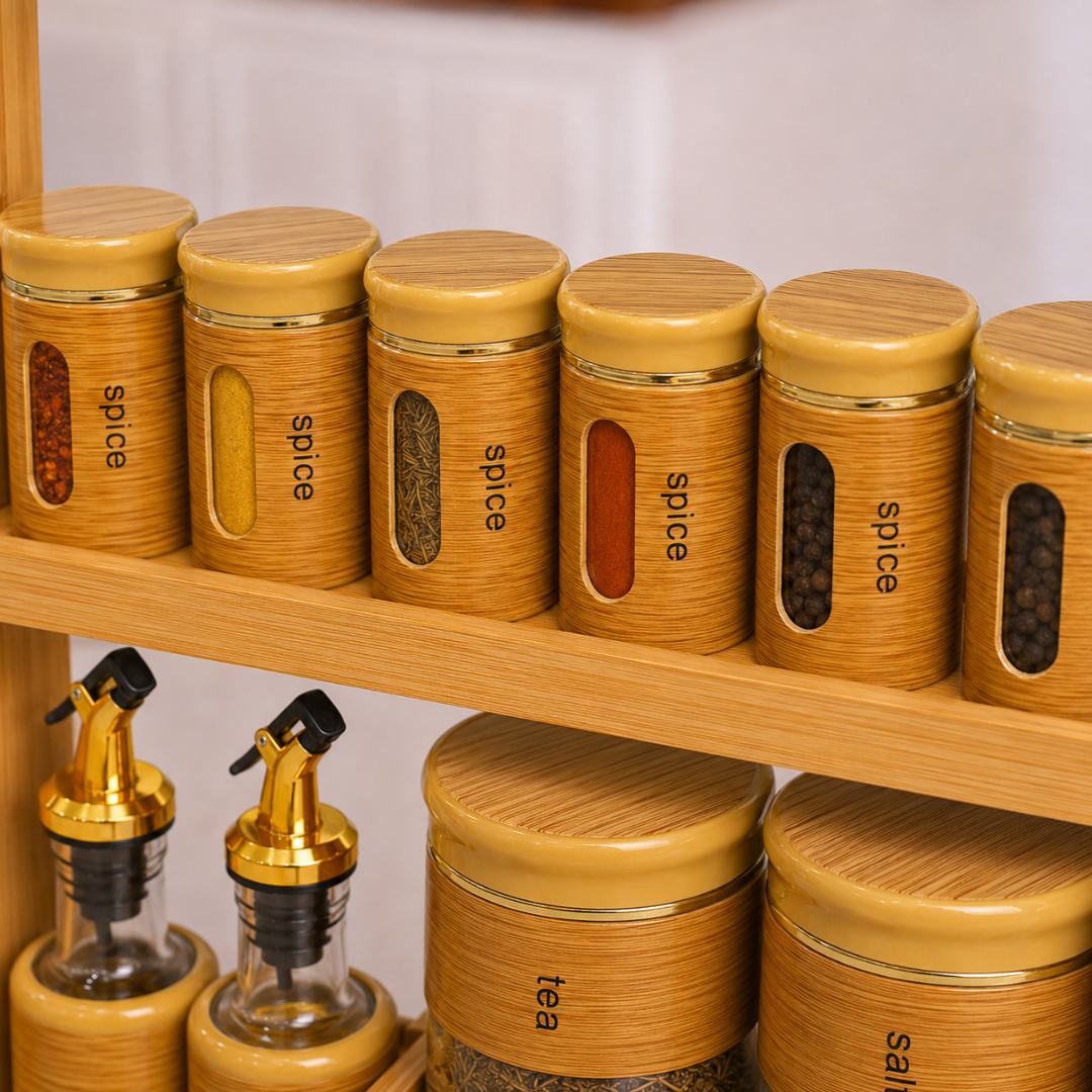 Bamboo Wood Spice Rack Organizer Set with 12 Glass Jars & Oil Dispenser Bottles | Airtight Kitchen Storage Containers for Spices, Tea, Salt, Sugar & Coffee