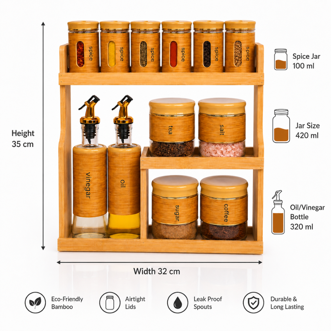 Bamboo Wood Spice Rack Organizer Set with 12 Glass Jars & Oil Dispenser Bottles | Airtight Kitchen Storage Containers for Spices, Tea, Salt, Sugar & Coffee