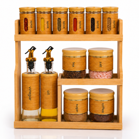 Bamboo Wood Spice Rack Organizer Set with 12 Glass Jars & Oil Dispenser Bottles | Airtight Kitchen Storage Containers for Spices, Tea, Salt, Sugar & Coffee