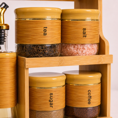 Bamboo Wood Spice Rack Organizer Set with 12 Glass Jars & Oil Dispenser Bottles | Airtight Kitchen Storage Containers for Spices, Tea, Salt, Sugar & Coffee