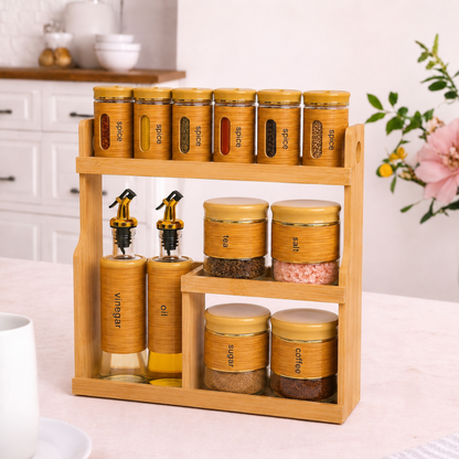 Bamboo Wood Spice Rack Organizer Set with 12 Glass Jars & Oil Dispenser Bottles | Airtight Kitchen Storage Containers for Spices, Tea, Salt, Sugar & Coffee