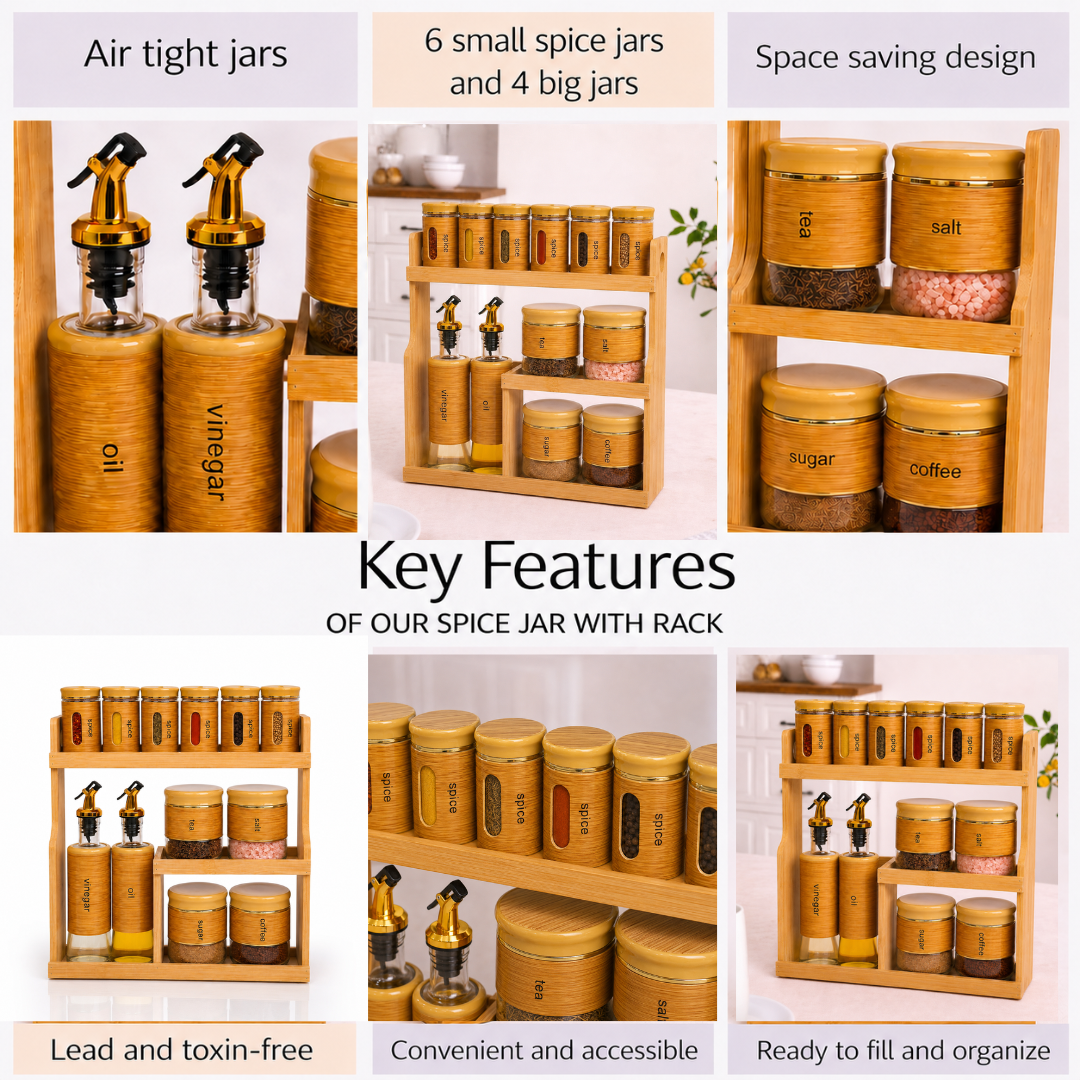 Bamboo Wood Spice Rack Organizer Set with 12 Glass Jars & Oil Dispenser Bottles | Airtight Kitchen Storage Containers for Spices, Tea, Salt, Sugar & Coffee