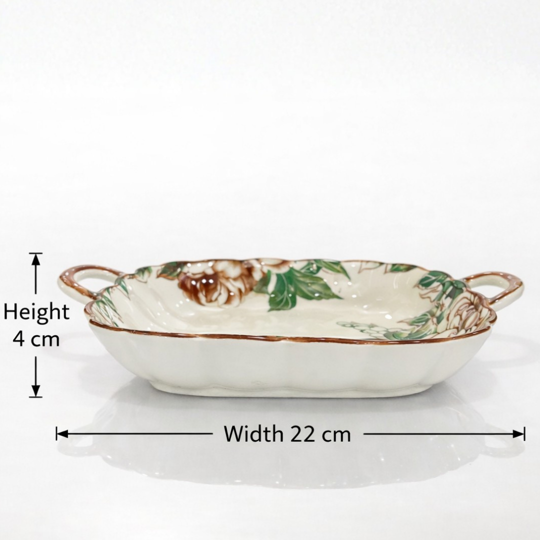 Porcelain Floral Ceramic Snack and Serving Platter with Handles Set of 2